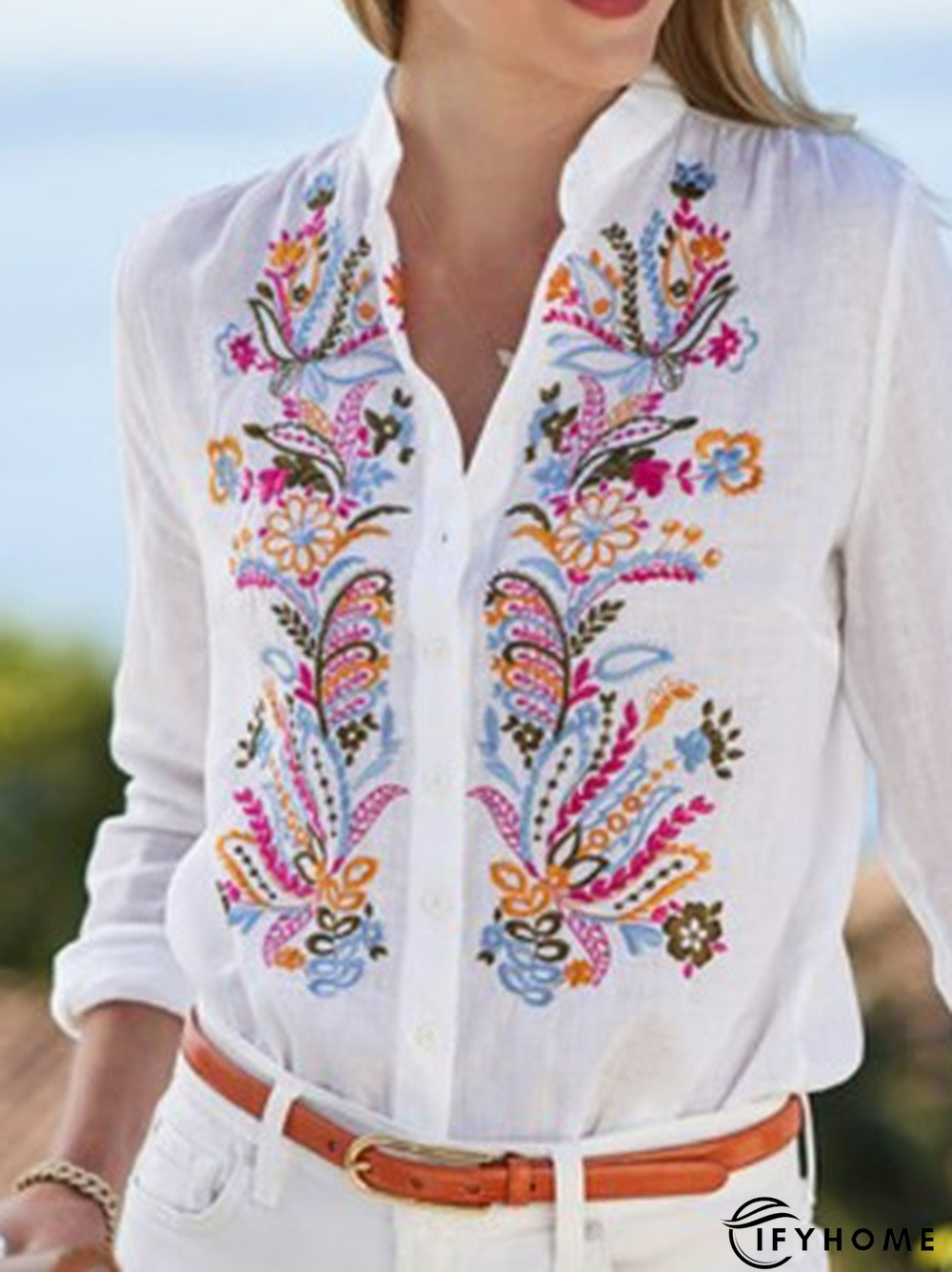 Casual FloralPrinted Stand Collar Cotton Loose Blouse | IFYHOME