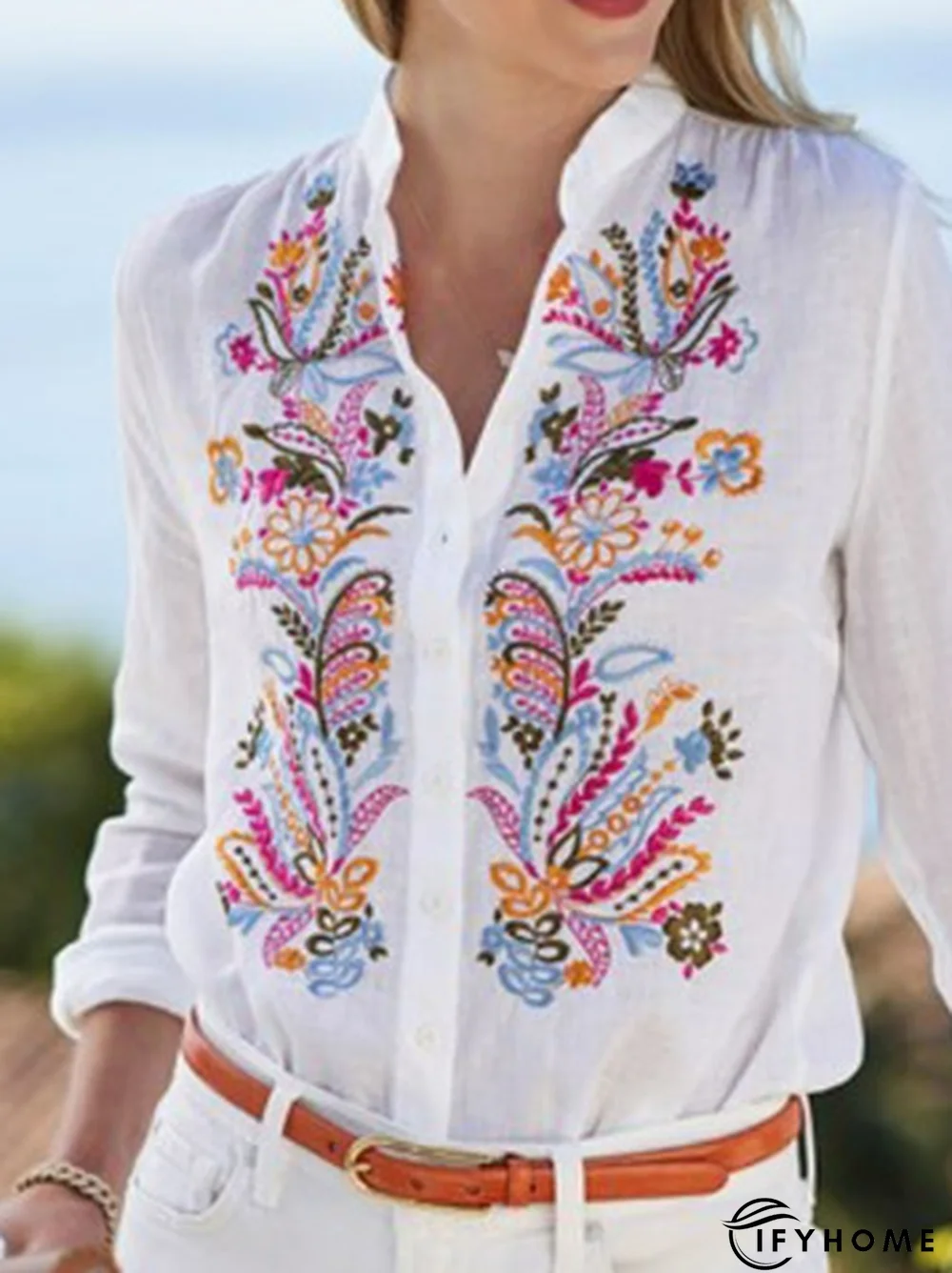 Casual FloralPrinted Stand Collar Cotton Loose Blouse | IFYHOME