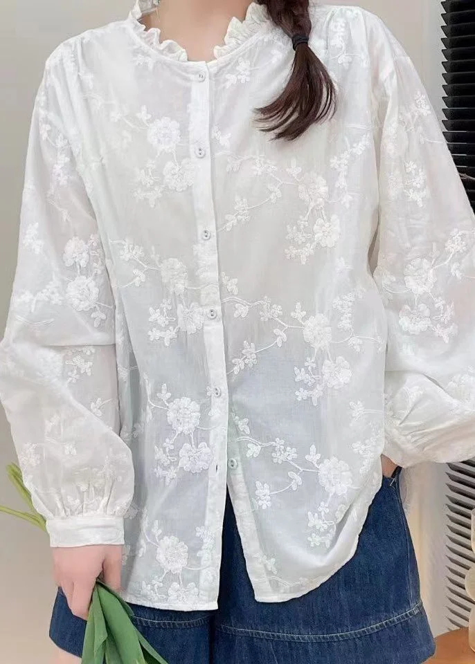 French White Embroidered Button Cotton Shirt Long Sleeve