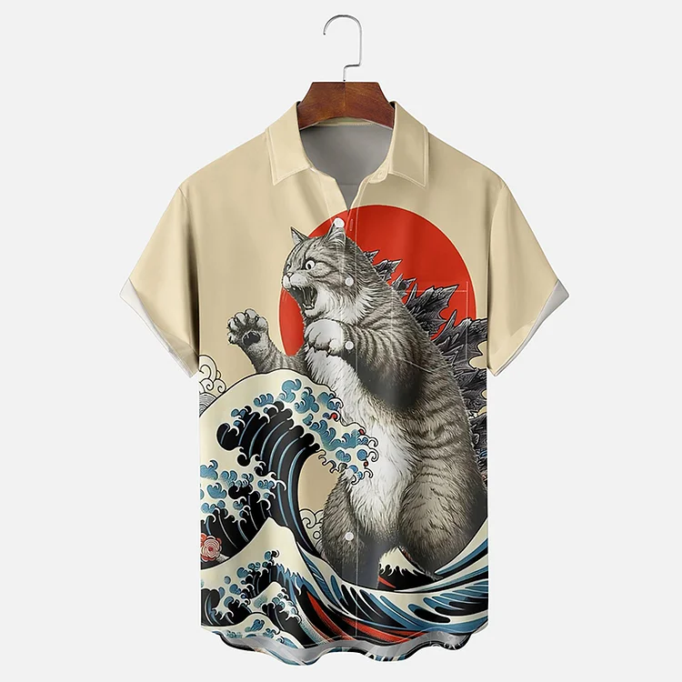 Japanese Monster Cat Art Pattern Short-Sleeved Shirt