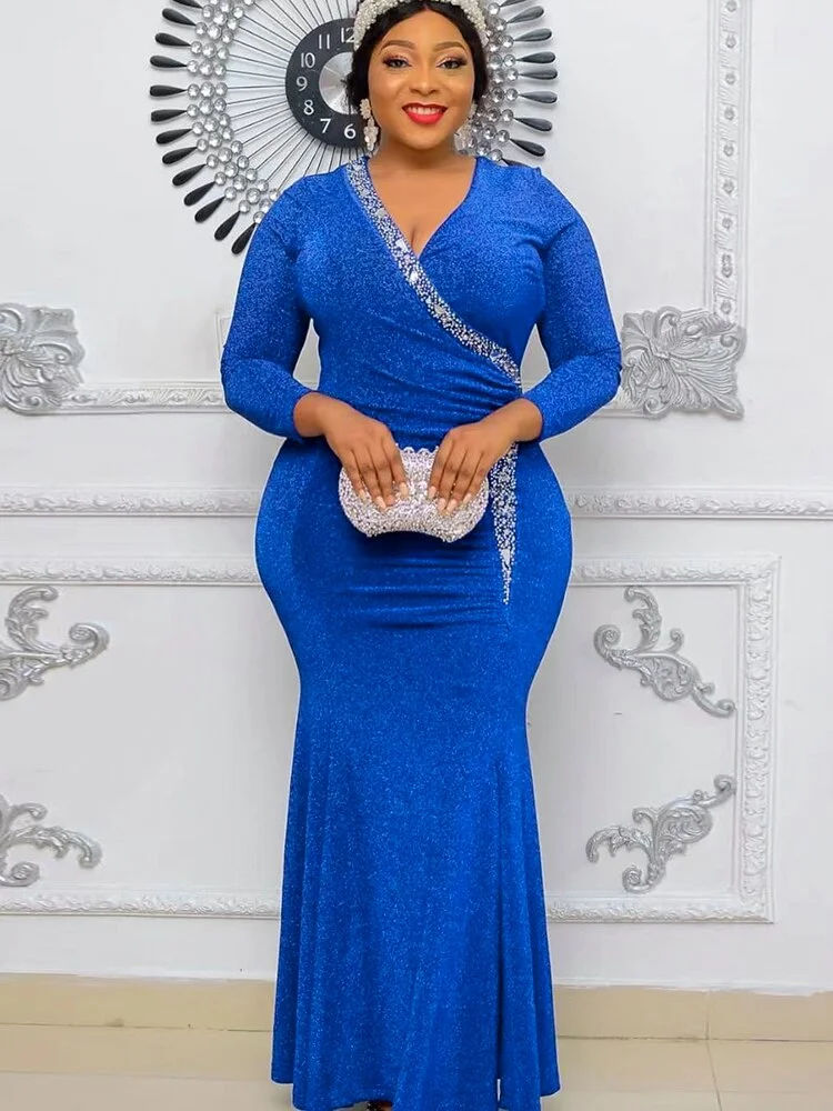 African Americans fashion QFY Evening Dresses Long Luxury 2022 New African Sequin Beads Gown Elegant Women Ankara Outfits Sexy Dress Robe Africaine Femme Ankara Style QueenFunky