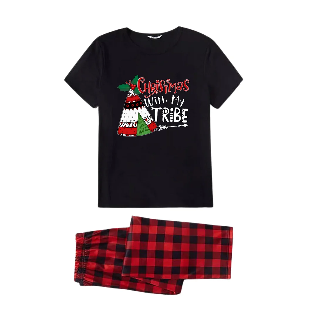 "Christmas With My Tribe" Pattern Ⅰ - Black Short Sleeve with Red & Black Plaid Pant Family Matching Pajamas
