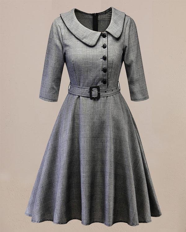 Grid Retro Belt Asymmetric Lapel Buttons A-line Dress