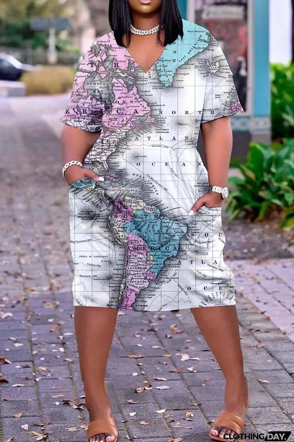 Khaki Casual Print Split Joint V Neck Straight Dresses