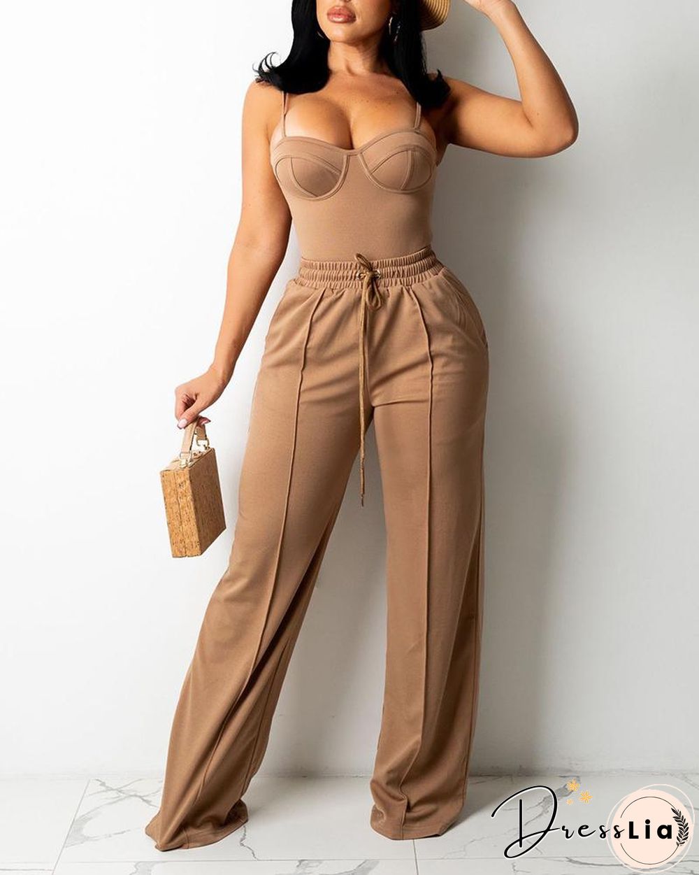 Zipper Back Cami Top & Wide Legs Contrast Pipping Pants Set