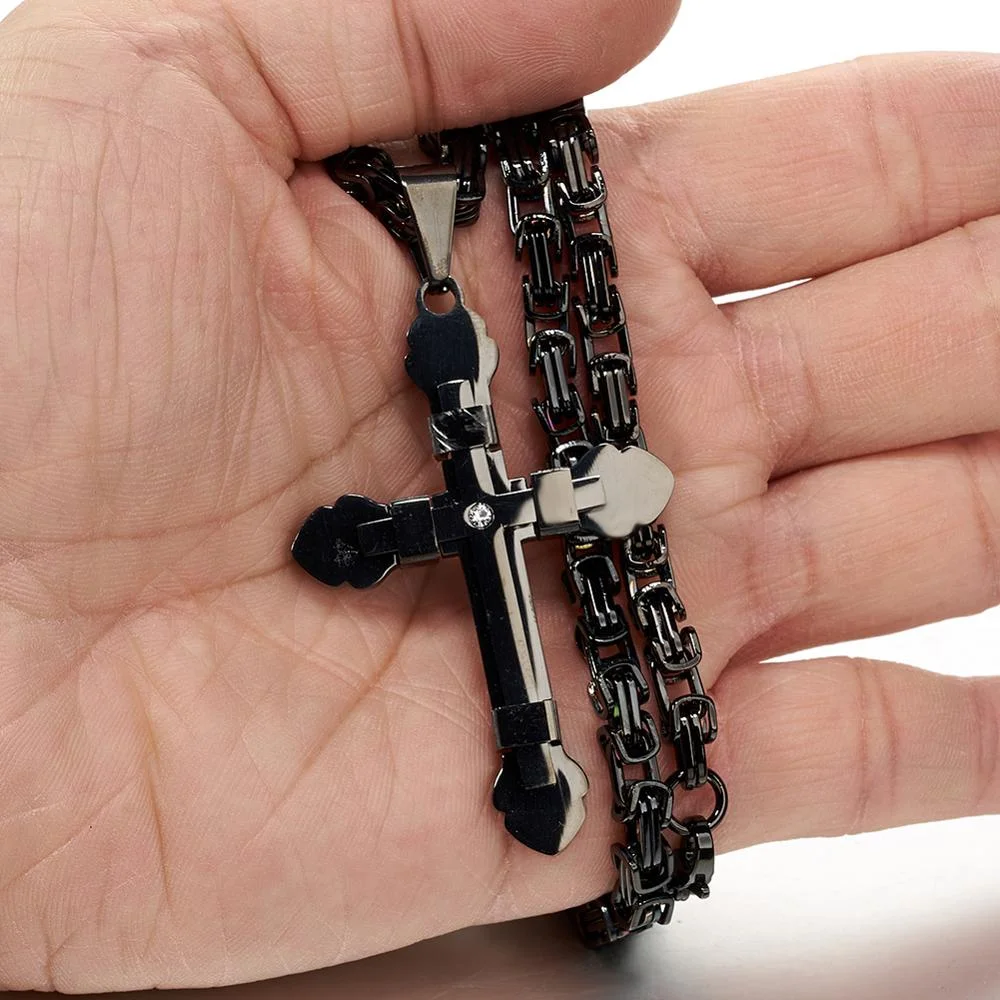5mm Byzantine Chain Polished Cross Pendant-VESSFUL