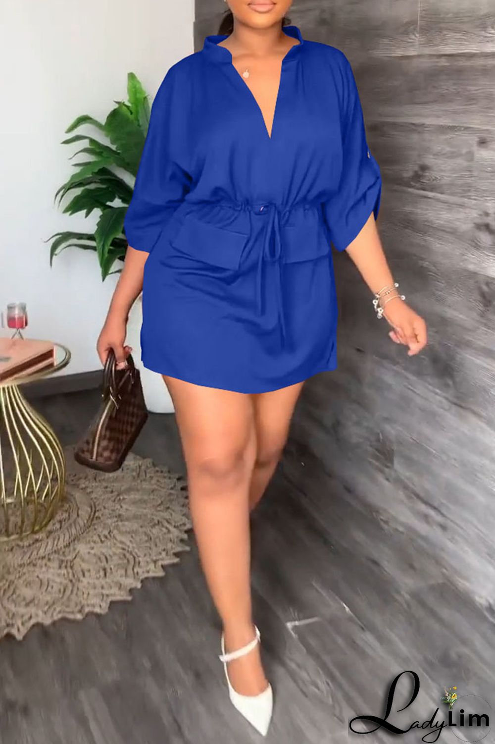 Tangerine Casual Solid Patchwork Draw String V Neck Straight Dresses