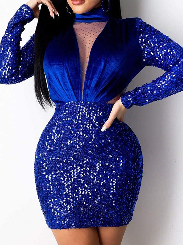 Sexy Mesh Sequined See-Through Split-Joint Empire Wrap Mini Dress