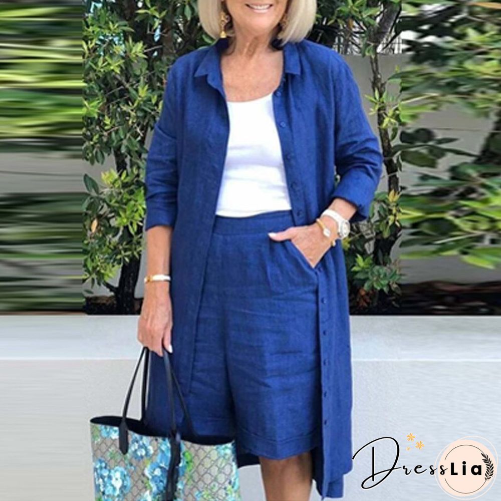 Cotton Linen Women 2Pcs Set Outfits Autumn Fashion Solid Loose  Casual Button Long Shirt Jacket+Straight Knee Shorts Suits Mujer