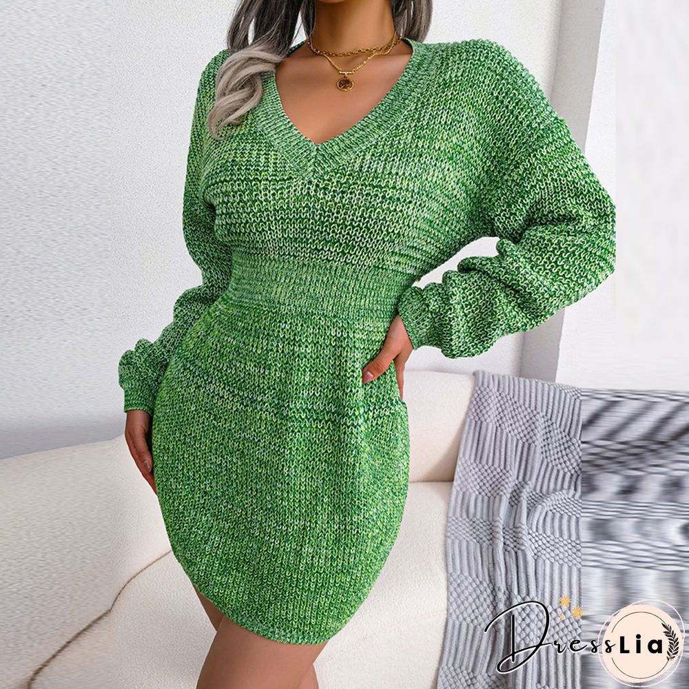 Fashion Autumn Solid Bag Hip Slim Dresses Elegant V Neck Waist Ribbed Mini Dress Female Casual Lantern Long Sleeve Sweater Dress