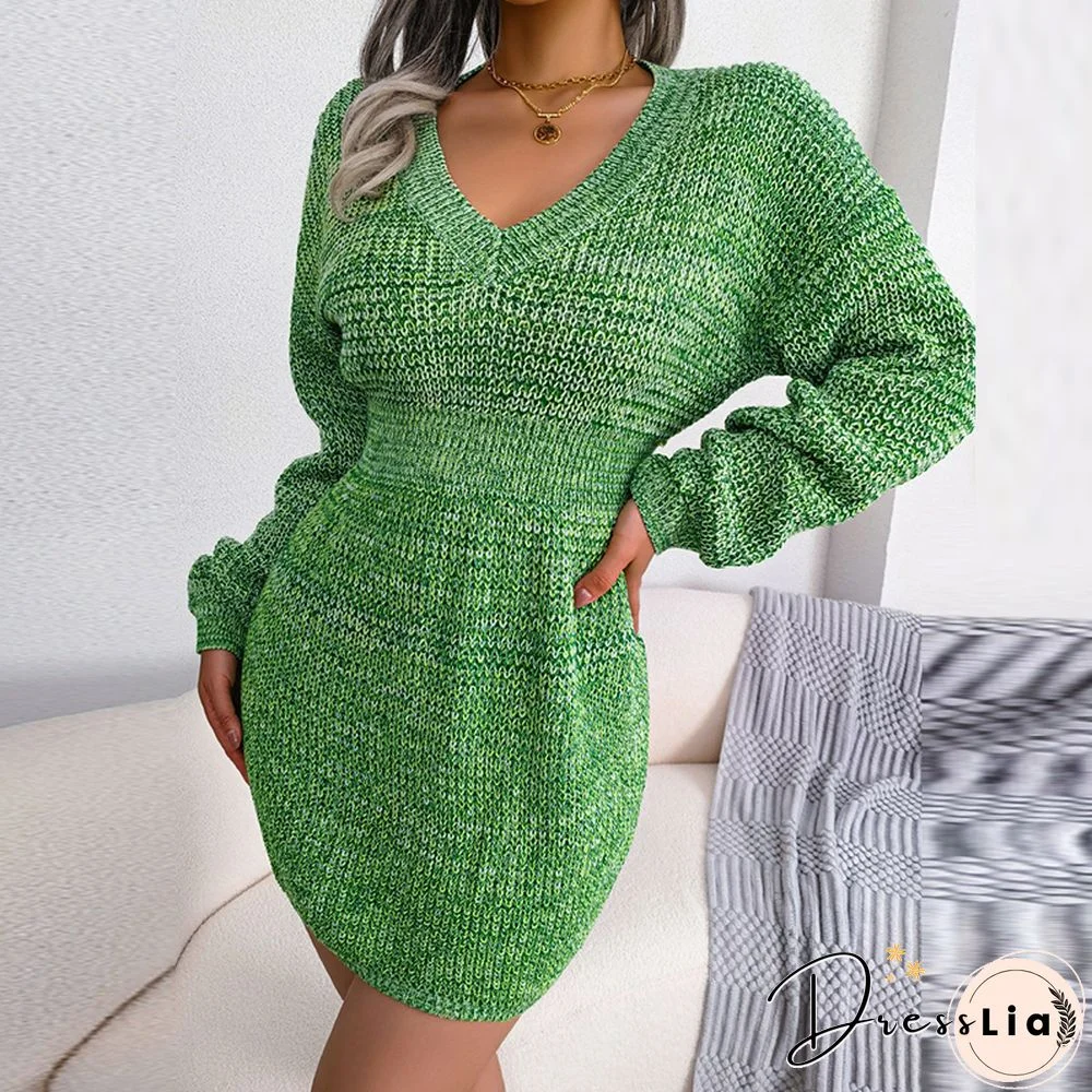 Fashion Autumn Solid Bag Hip Slim Dresses Elegant V Neck Waist Ribbed Mini Dress Female Casual Lantern Long Sleeve Sweater Dress