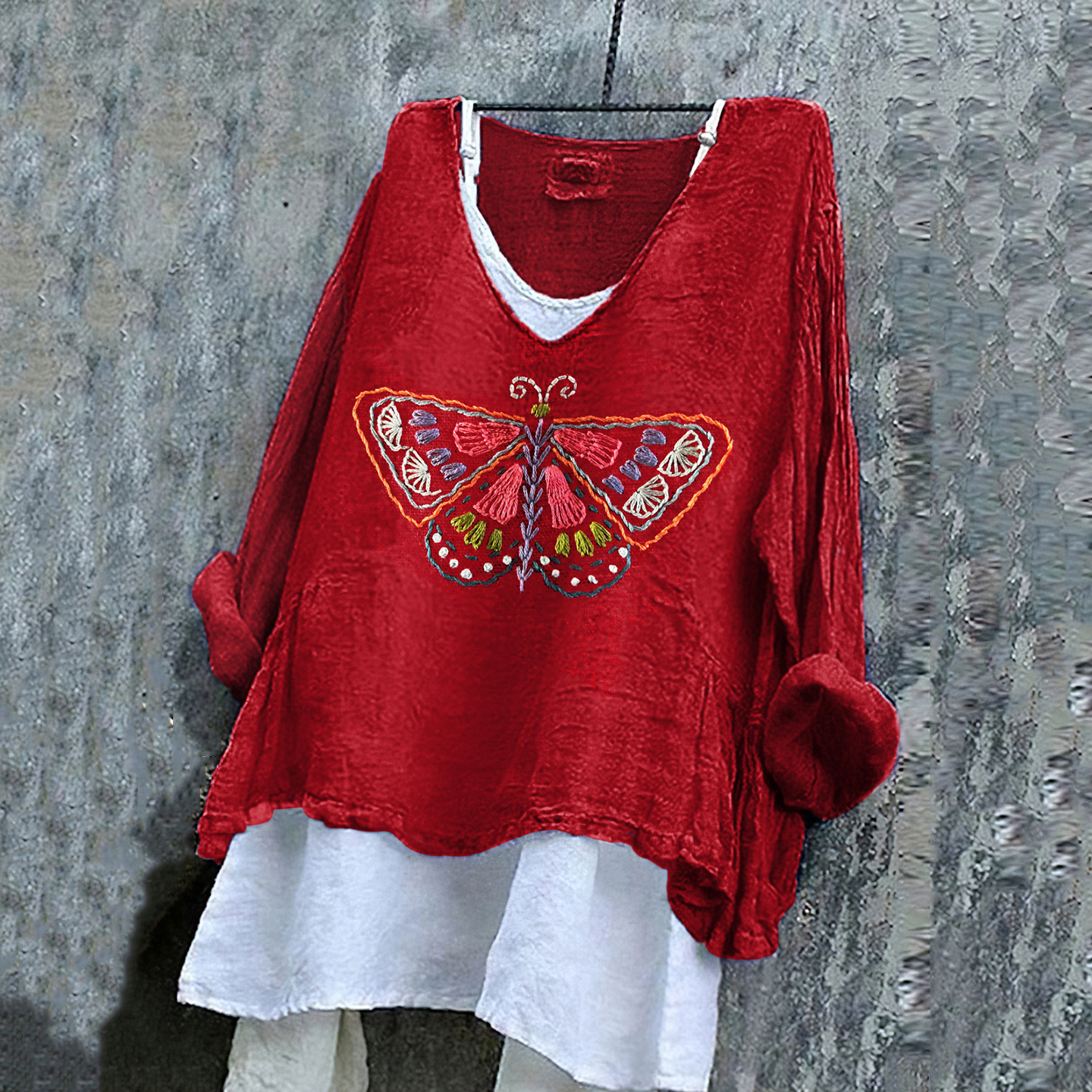 Comstylish Women's Butterfly Embroidery Art Linen V-neck Shirt