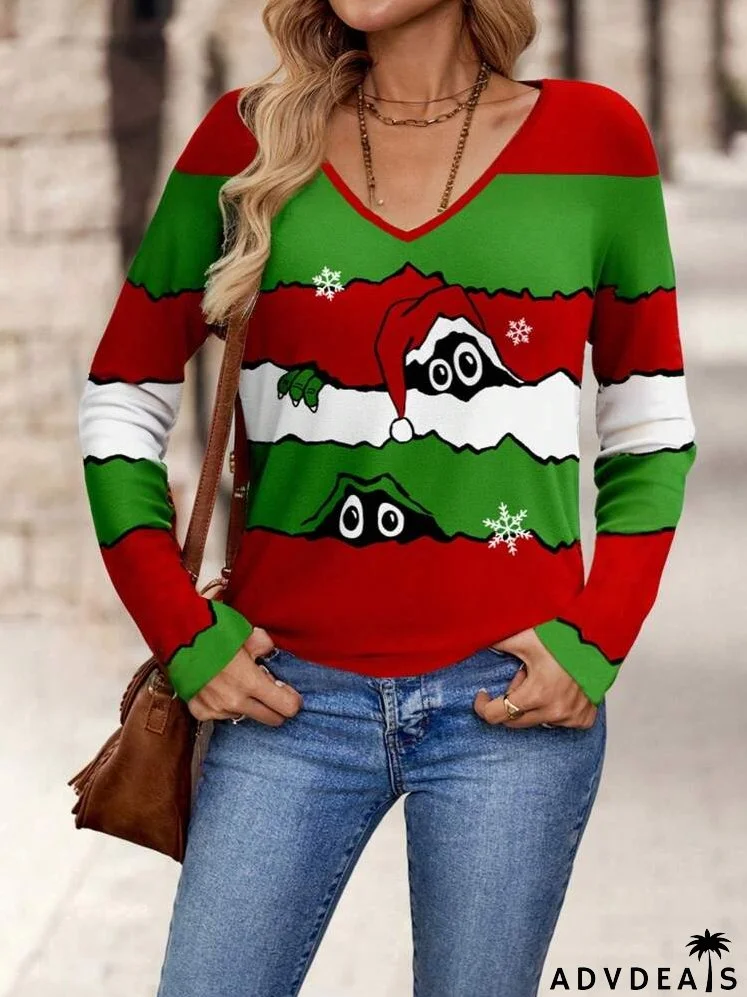 Casual Simple Christmas Element Pattern Loose V-Neck Drop Shoulder T-Shirt, Autumn/Winter