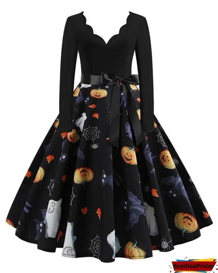 Halloween Pumpkin V Neck Print Dress With Waistband P433111