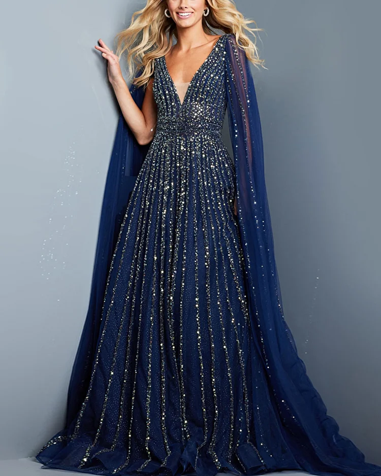 Navy Embellished Evening Dress