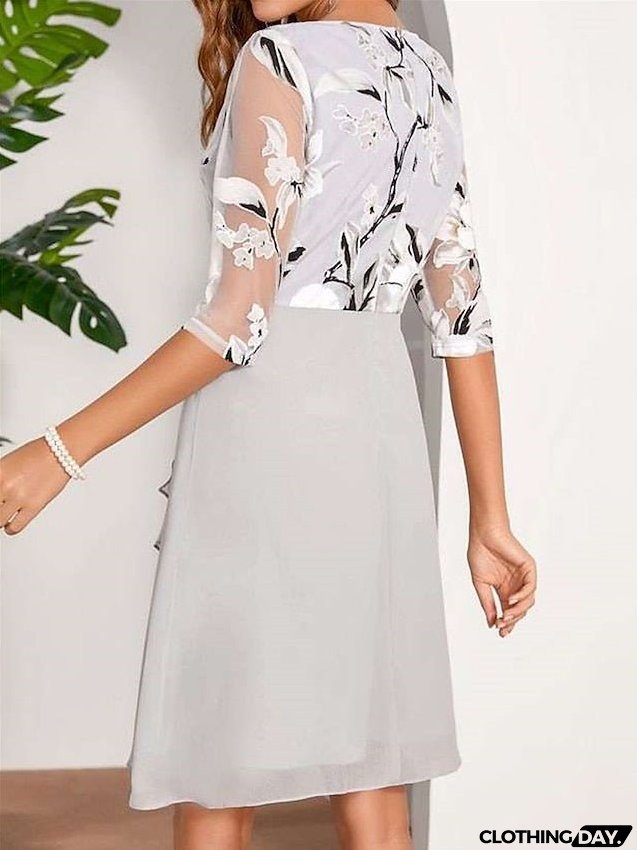 Work Dress Chiffon Dress Semi Formal Dress Fashion Midi Dress Mesh Print Crew Neck 3/4 Length Sleeve Floral Regular Fit Gray Spring Summer S M L XL XXL for Women