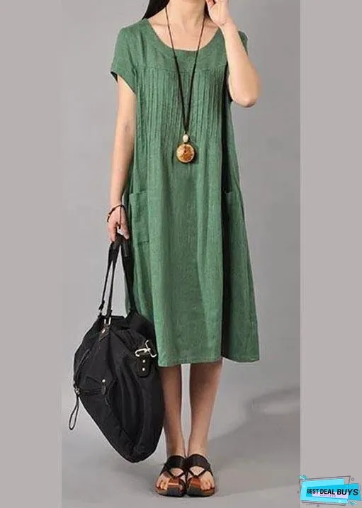 Unique Robes Women Cotton Linen Loose Fitting Short Sleeve Dress In Green