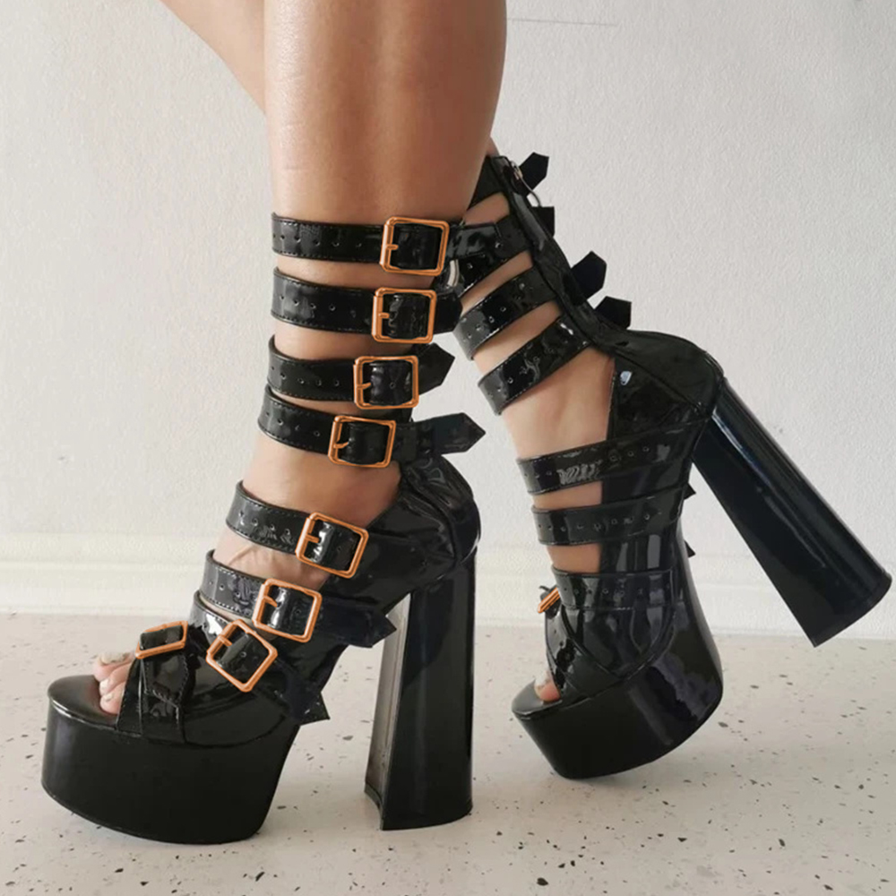 Black Patent Leather Open Toe Multi Buckle Heeled Platform Sandals Nicepairs