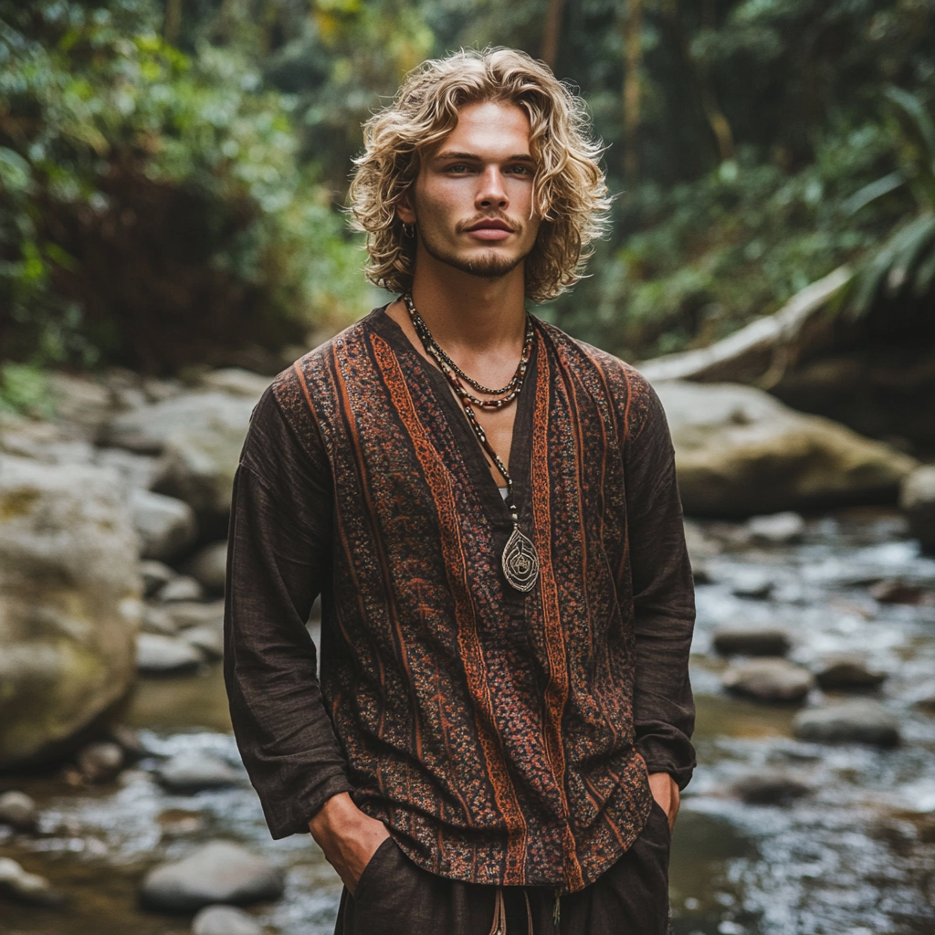 Men's Bohemian Holiday Style Vintage Printed Casual Long Sleeve Top-inspireuse