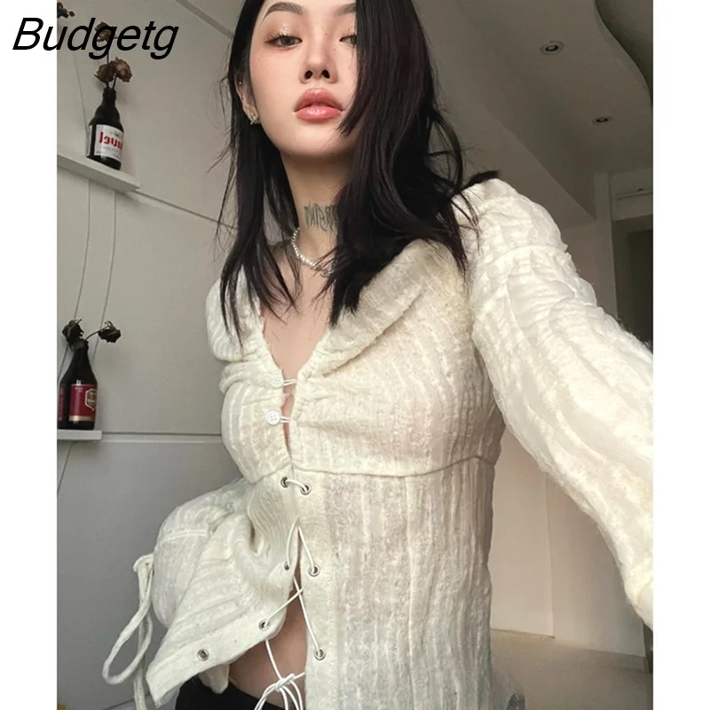 Budgetg Korean Style T-shirt Women Long Sleeve Lace Up Y2k Vintage T Shirt Streetwear Fairycore Tee Tops 2000s Shirt Female
