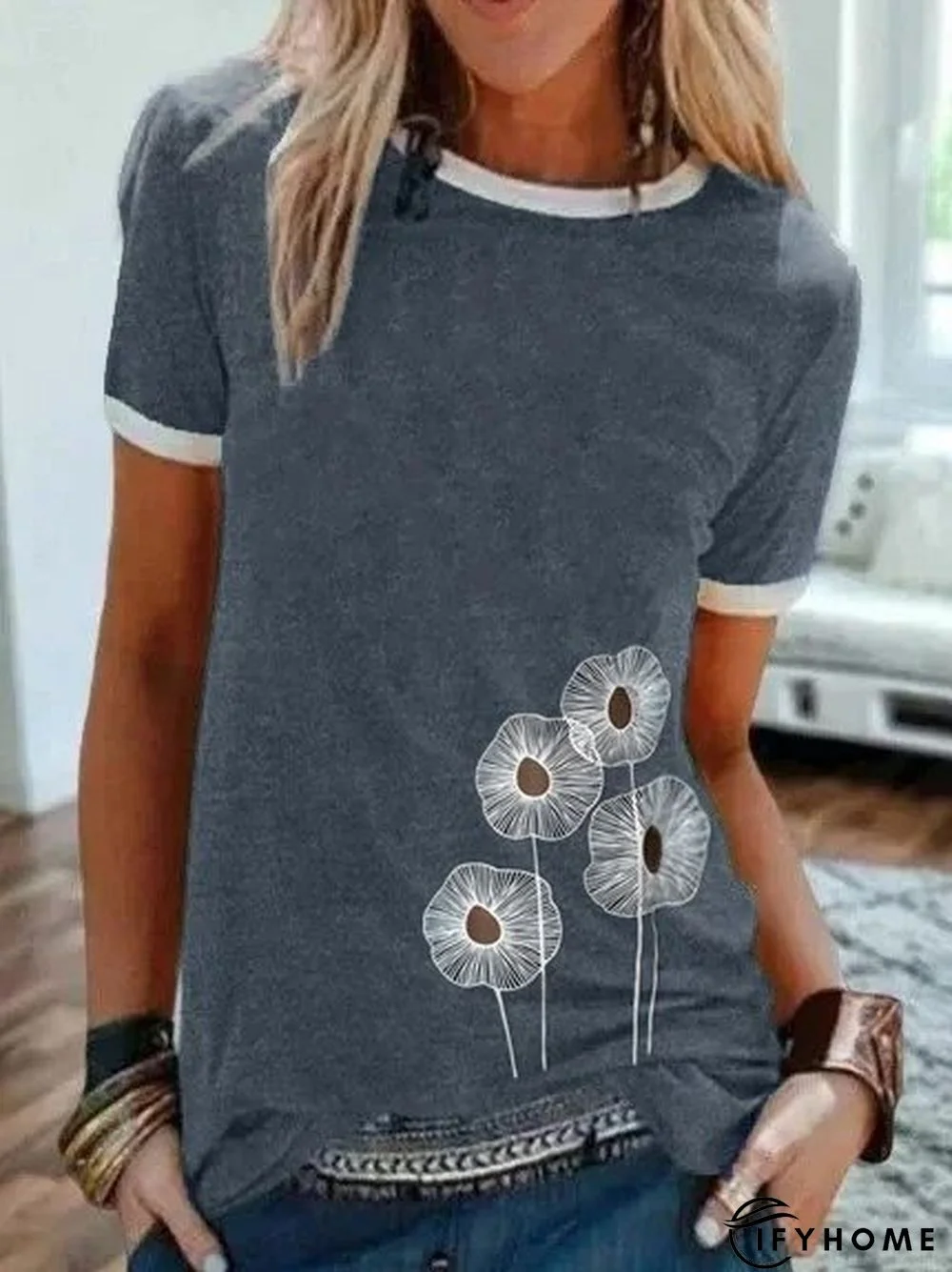 Vintage Short Sleeve Statement Floral Printed Crew Neck Plus Size Casual Tops | IFYHOME