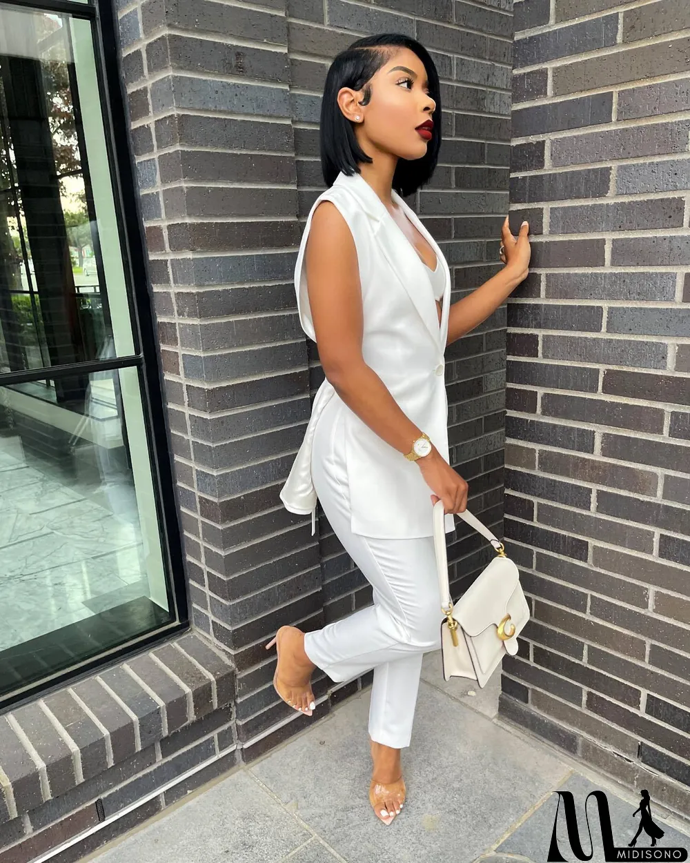 MidiSono - Solid Sleeveless Split Blazer Two Piece Sets
