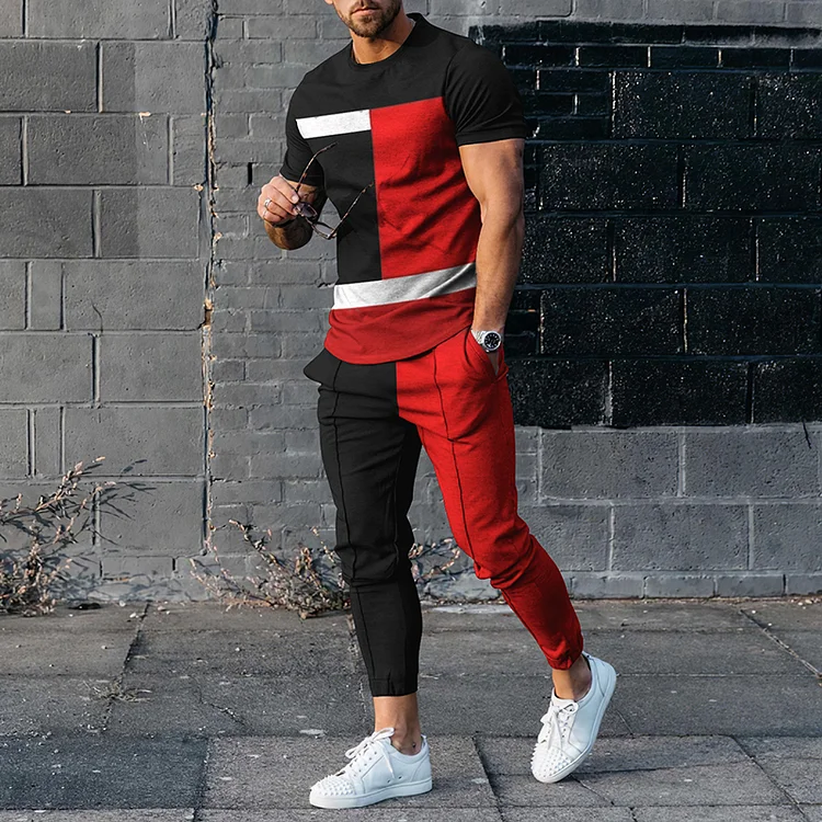 BrosWear Men's Color Block Splicing Casual Short Sleeve  T-Shirt And Pants Co-Ord