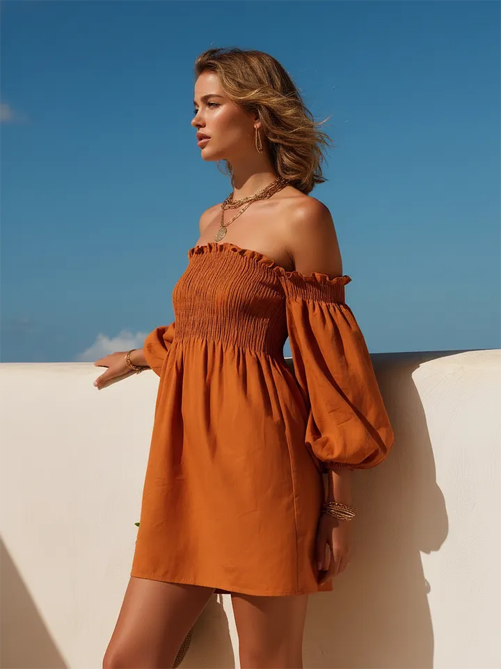 Woman in an off-shoulder casual midi dress