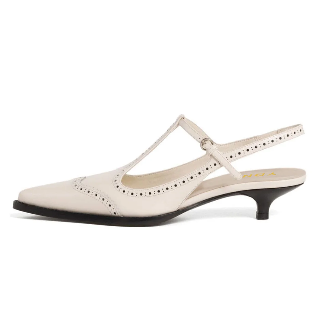 Vegan Leather Buckle Strap Pointed Toe Slingback Heels in Ivory