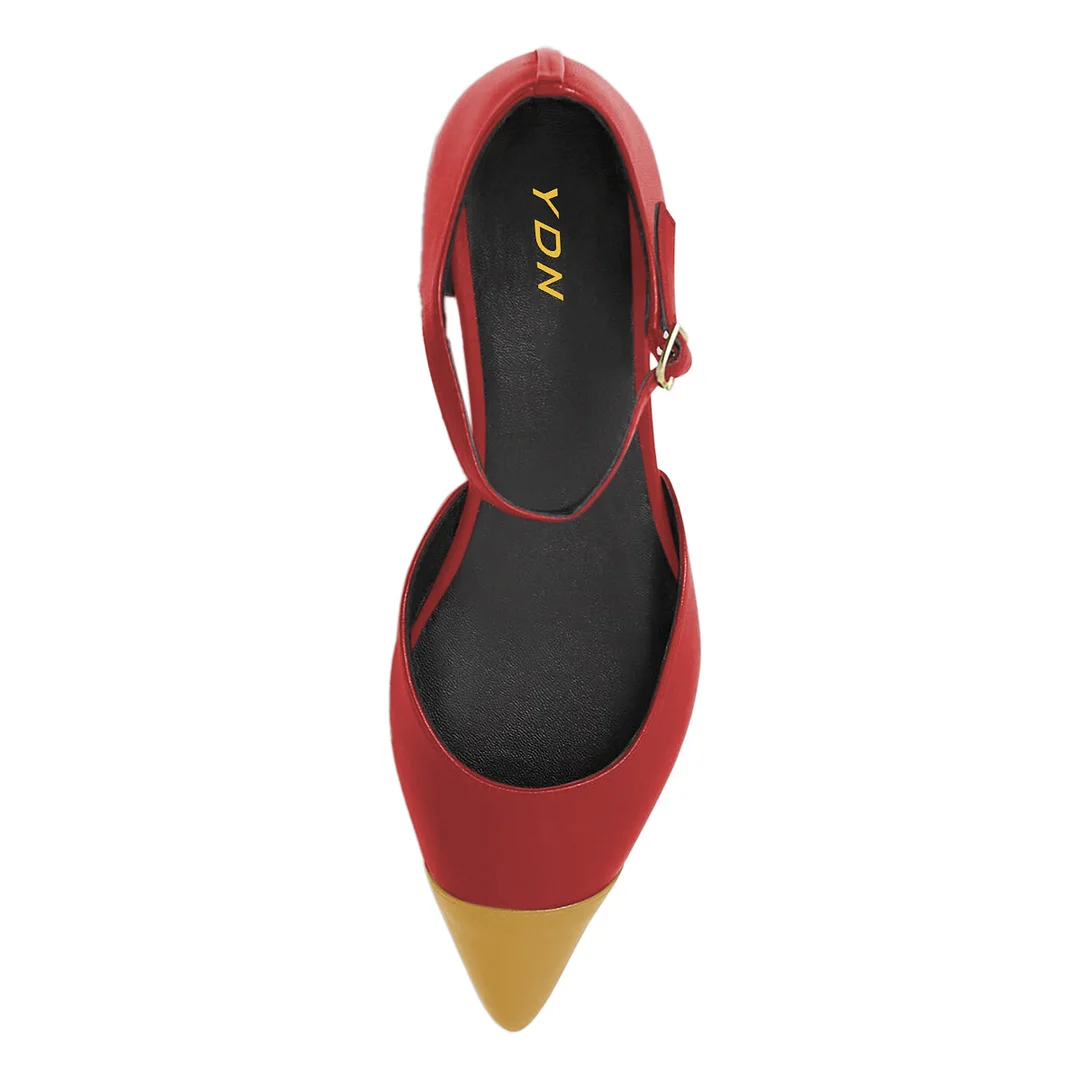 Red Vegan Leather Yellow Pointed Toe Buckle Strap Flat Pumps