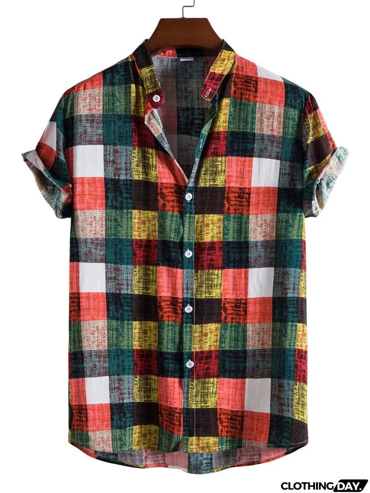 Men's Stand Collar Color Block Plaid Shirt