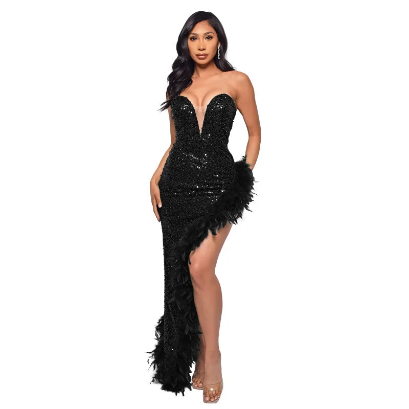 Uveng Tube Backless Sequined Feather Dress Dresses