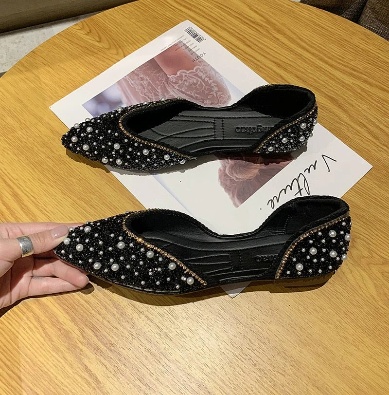 Summer Rhinestone Female Flat Shoes Female Korean Version Bow Tie Shallow Mouth Toe Tip Women's Single Shoes