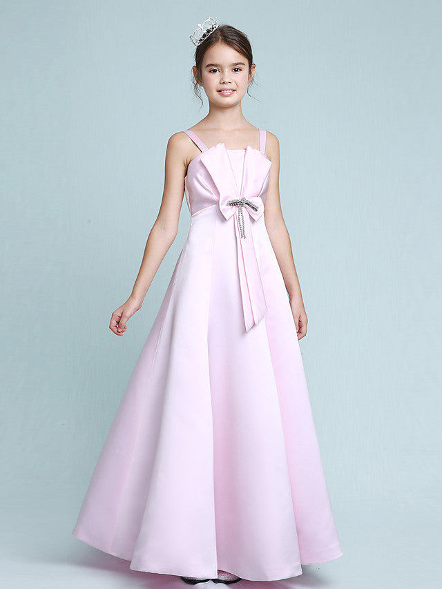 Oknass Princess A-Line Spaghetti Strap Floor Length Stretch Satin Junior Flower Girl Dress Beading