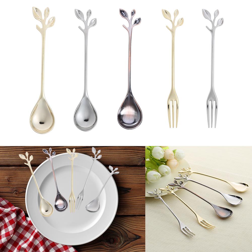 

Leaf Shape Gold Silver Coffee Spoon Fork Kitchen Dining Room Bar Cutlery, 勺子金色普通抛光, 501 Original