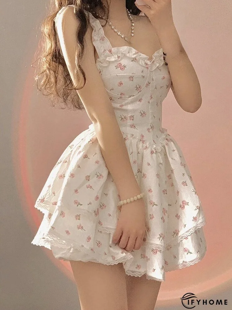 Joskka Summer Lace Kawaii Dress Women Vintage Sleeveless Elegant Sweet Mini Dress Female Floral Print Korean Designer Strap Dress | IFYHOME