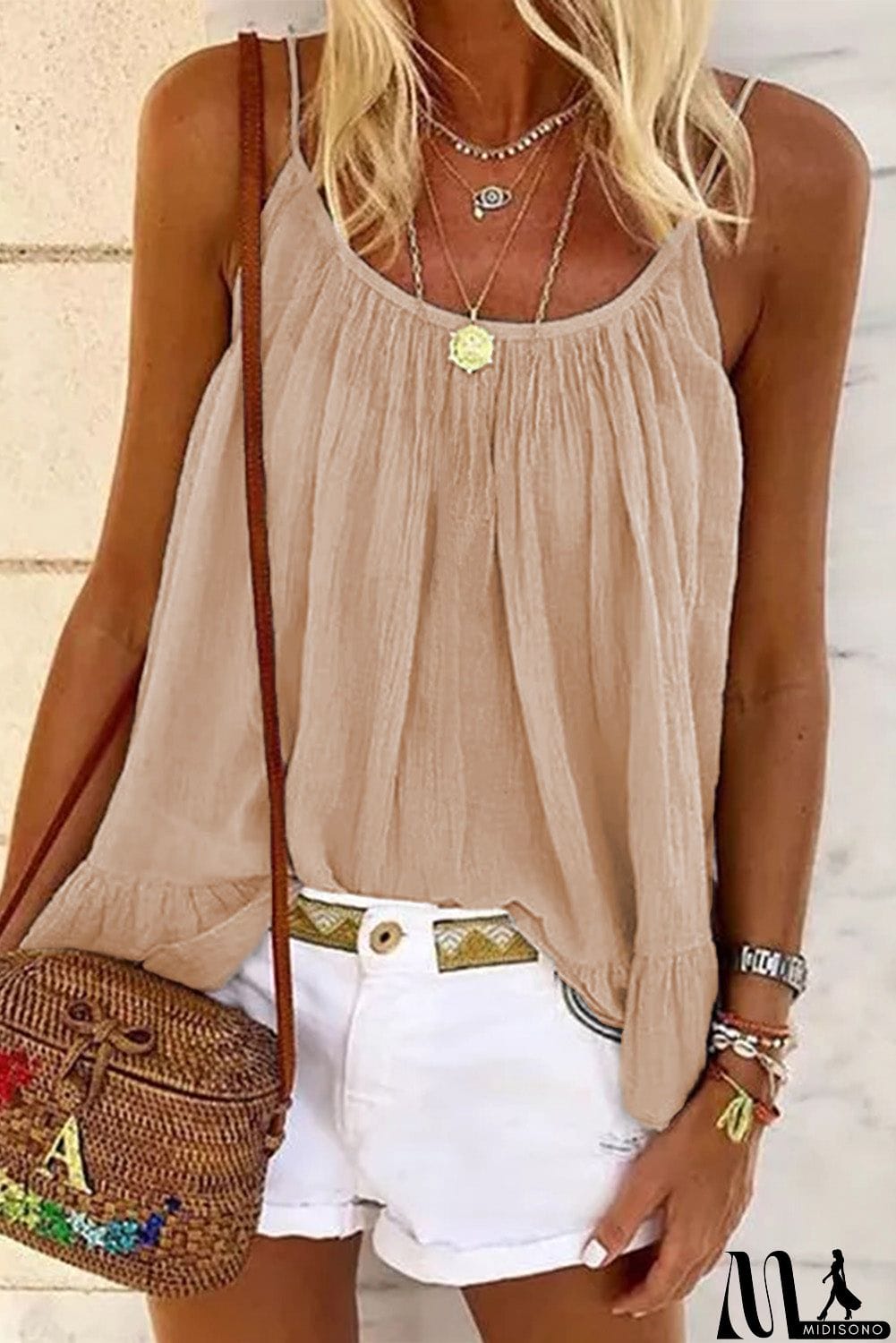 MidiSono - Spaghetti Straps Pleated Ruffled Tank Top