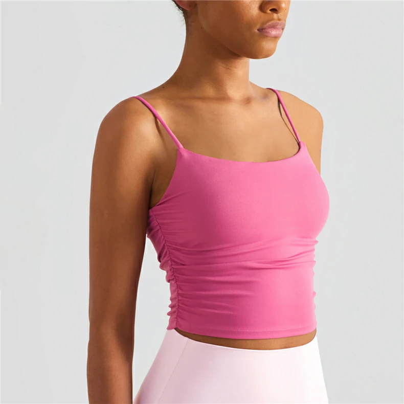 Shop lush scrunch sides u back nude feeling spaghetti strap gym cropped tank top with pads online at hergymclothing.com