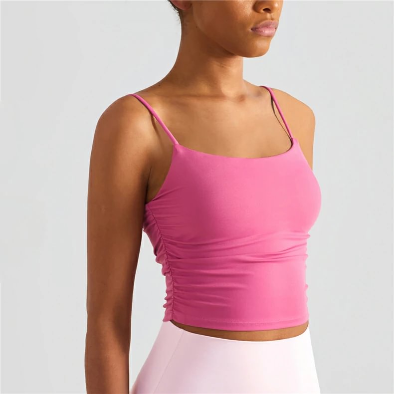Shop lush scrunch sides u back nude feeling spaghetti strap gym cropped tank top with pads online at hergymclothing.com
