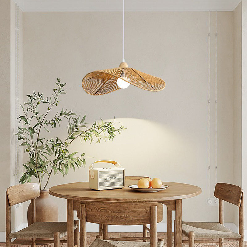 Traditional Vintage Wood Paper Rope Weaving Straw Hat Shape 1-Light Pendant Light For Living Room