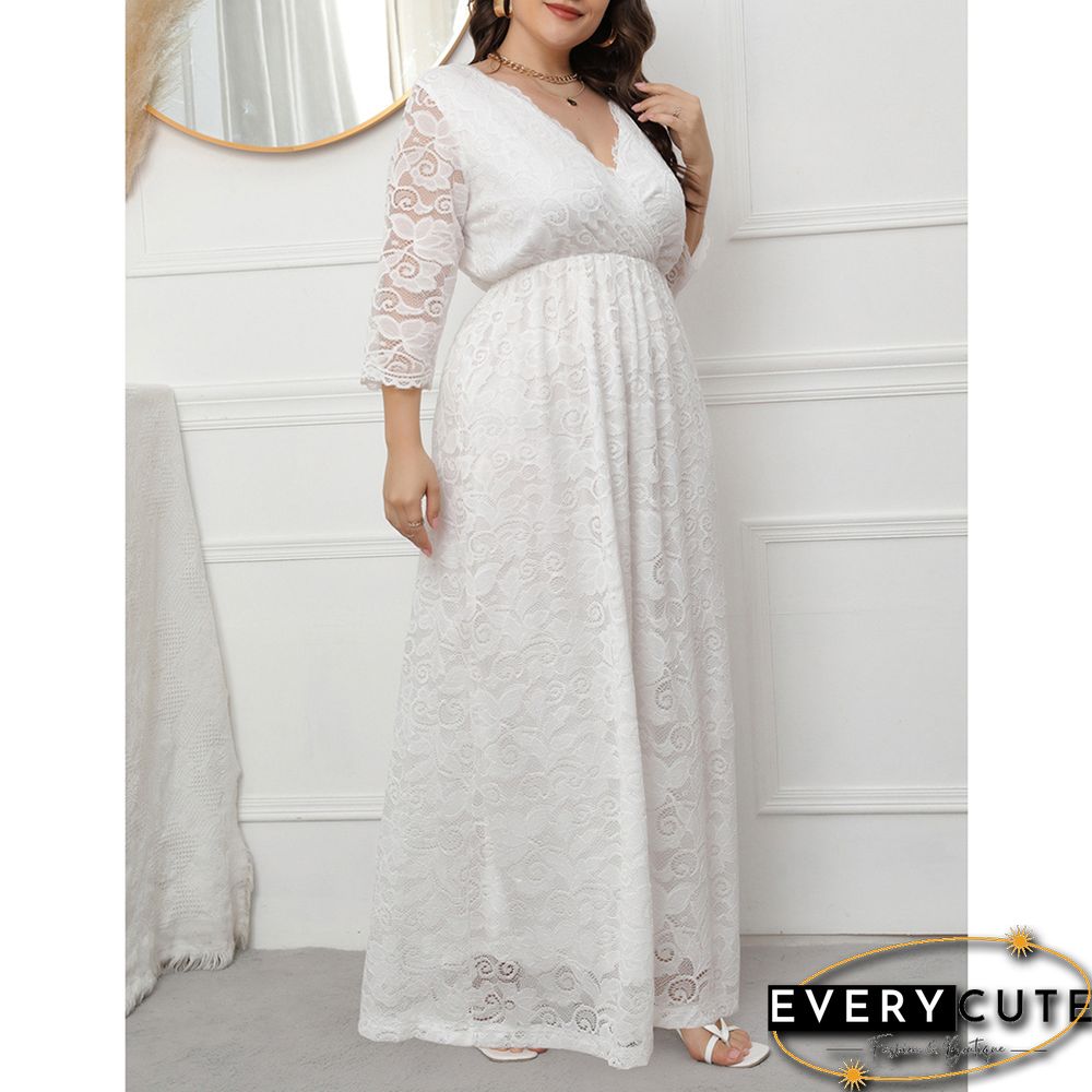 White V Neck Lace Plus Size Evening Dress