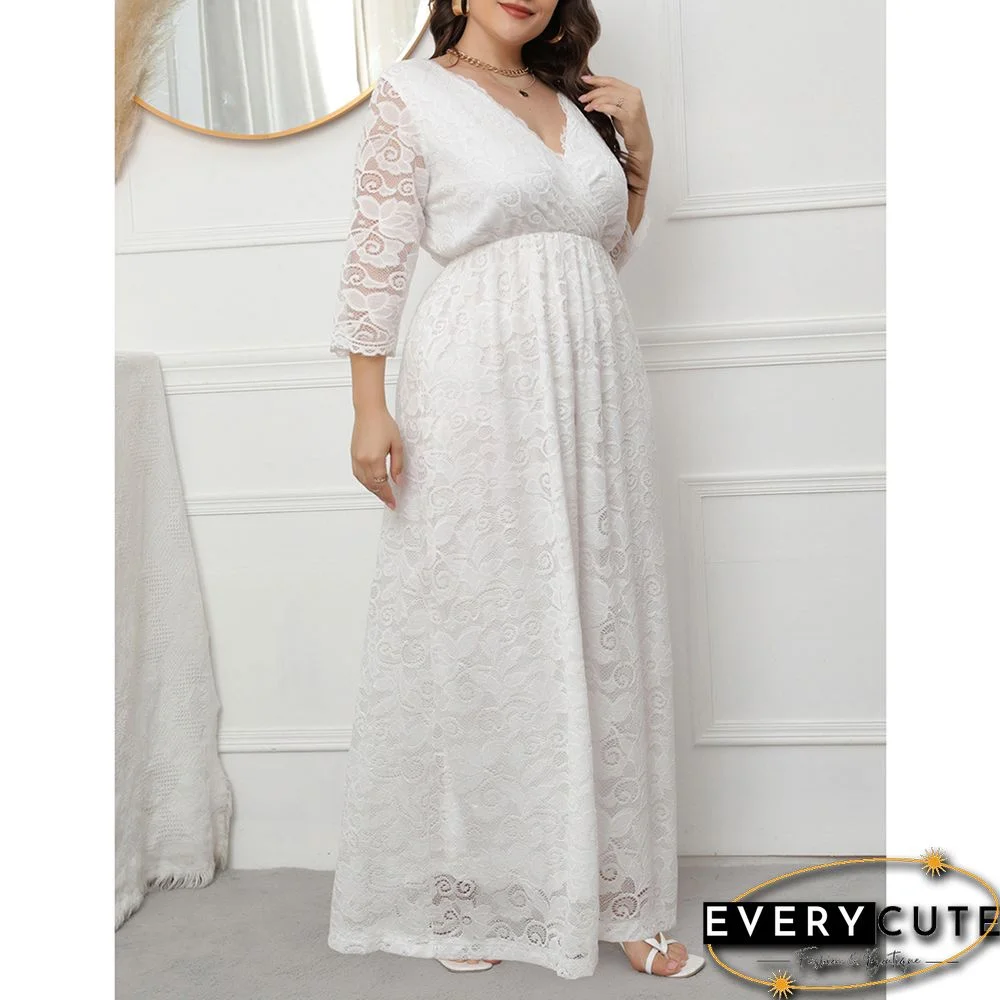 White V Neck Lace Plus Size Evening Dress