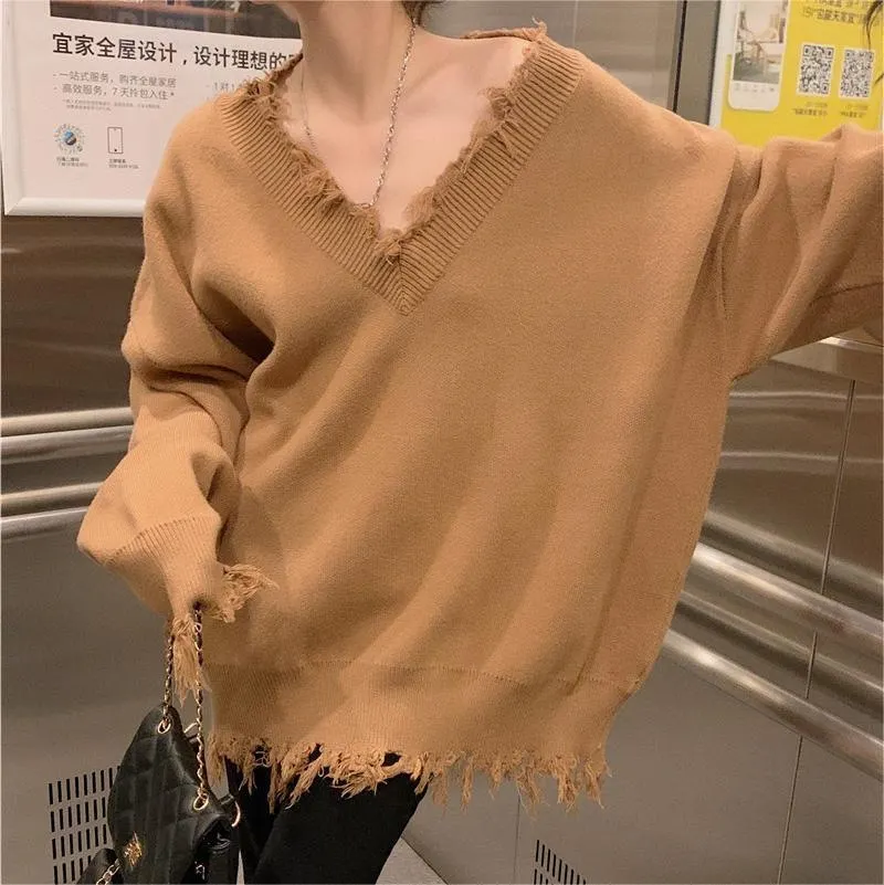 Churchf Churchf New Autumn-Winter 2023 V-Neck Sweater Female Loose Long Sleeve Lazy Wind Jacket Sweater Niche Style Broken Hole Sweater
