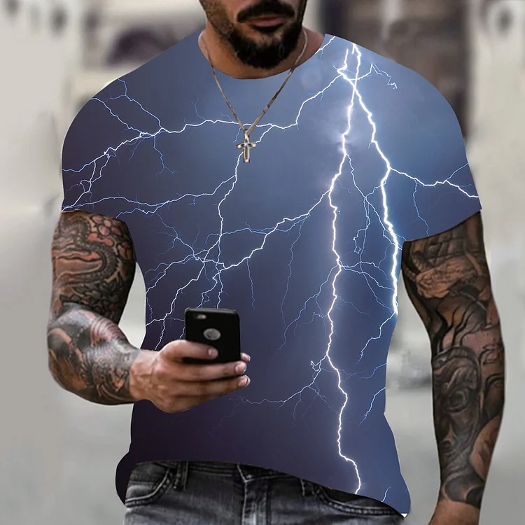 Lightning Pattern Casual Crew Neck Short Sleeve Summer Tops Men's T-Shirts at Hiphopee