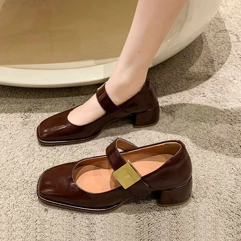 Colourp 5 CM Mid Heel Fashion Leather Pumps Shoes Women Square Toe Mary Janes Heels Pumps Spring Autumn