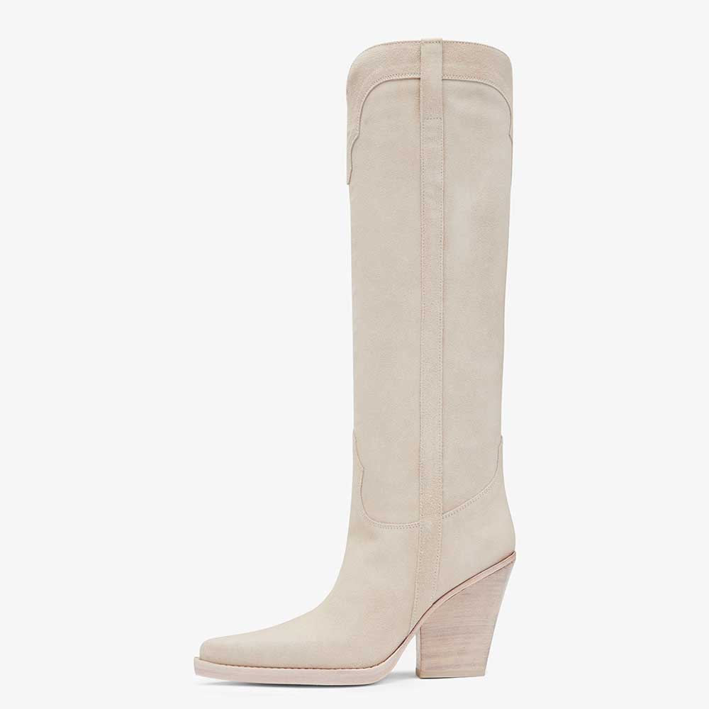 Ivory Faux Suede  Pointed Toe Wide Calf Cowgirl Boots With Chunky Heels