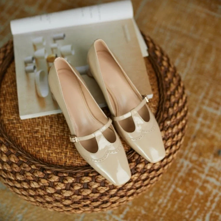 Vstacam 2023 Spring/Autumn Women Shoes Patent Leather Solid Color T-shaped Buckle Square Toe Chunky Heel Versatile Mid-Heel Pumps Shoes