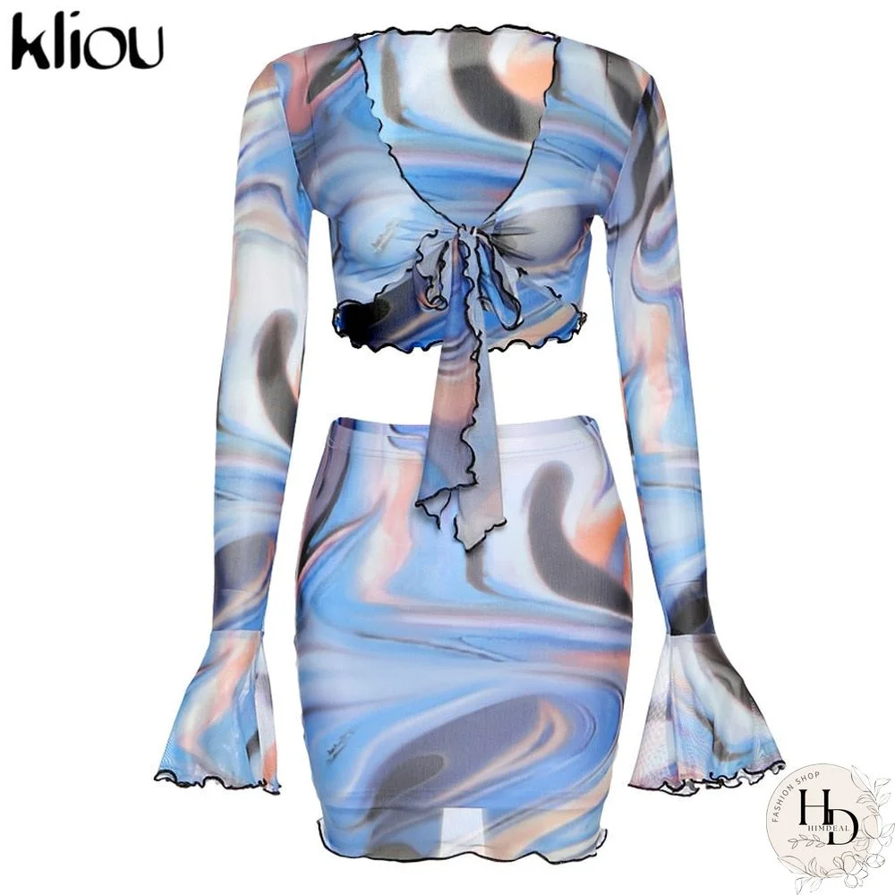 Kliou Bow Lace Print Sheath Sexy Women Two Piece Sets Flare Sleeve V-Neck Hot Female Mesh Ruched Clubwear Outfits