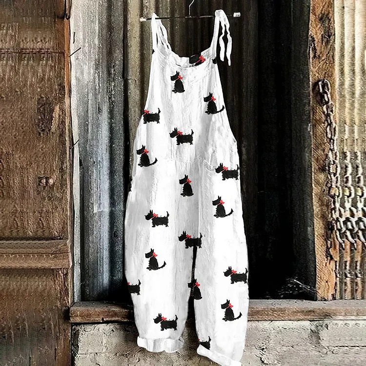 Bow Tie Dog Graphic Print Loose Jumpsuit