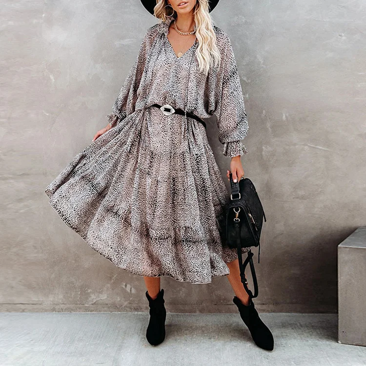 Vintage Print V-Neck Long Sleeve Midi Dress
